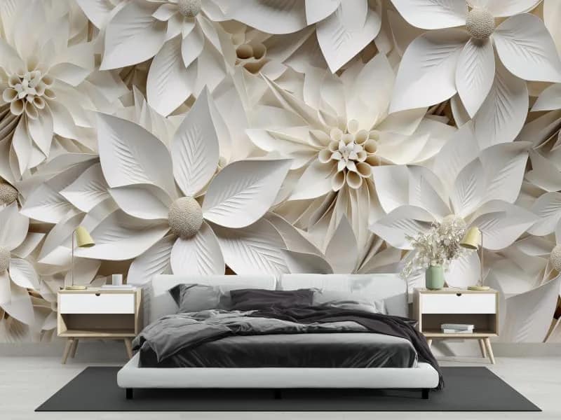 Beyaz Lotus Kabartma Çiçekli 3D Duvar Kağıdı