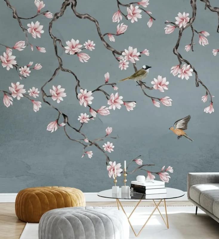 Gri Zeminli Pembe Sakura Kuşlu Duvar Kağıdı