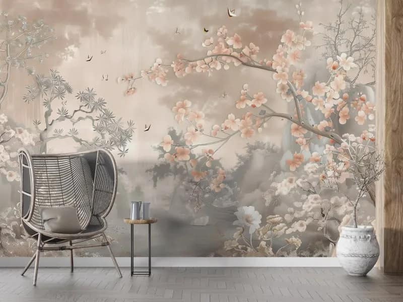 Pudra Sakura Çiçekli Ağaçlı Duvar Kağıdı