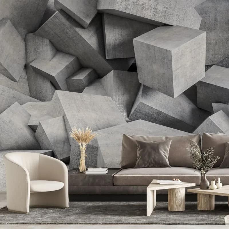 Gri Beton Küp Geometrik 3D Duvar Kağıdı