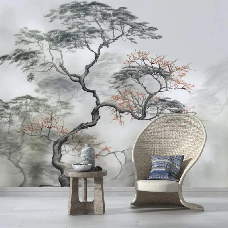 Sisli Bonsai Ağaçlı Japon Duvar Kağıdı