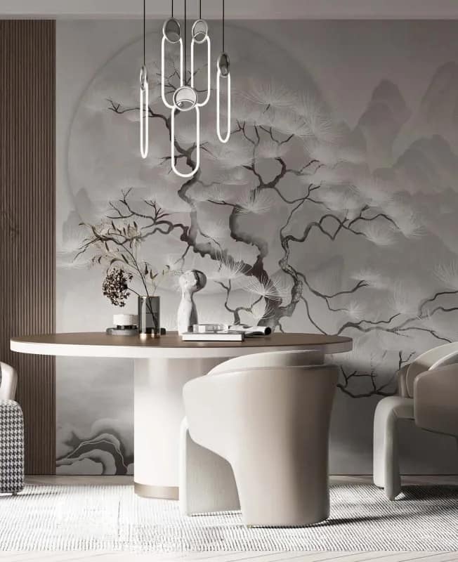 Gri Japon Çam Ağaçlı Minimal Duvar Kağıdı