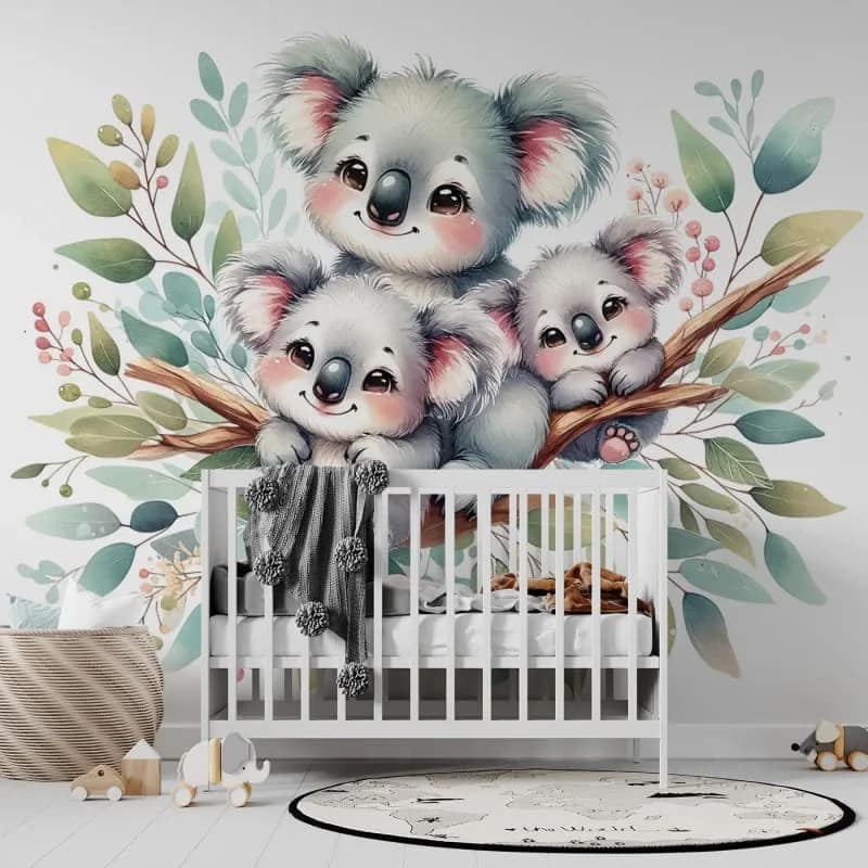 Yapraklı Koala Ailesi Bebek Odası Duvar Kağıdı