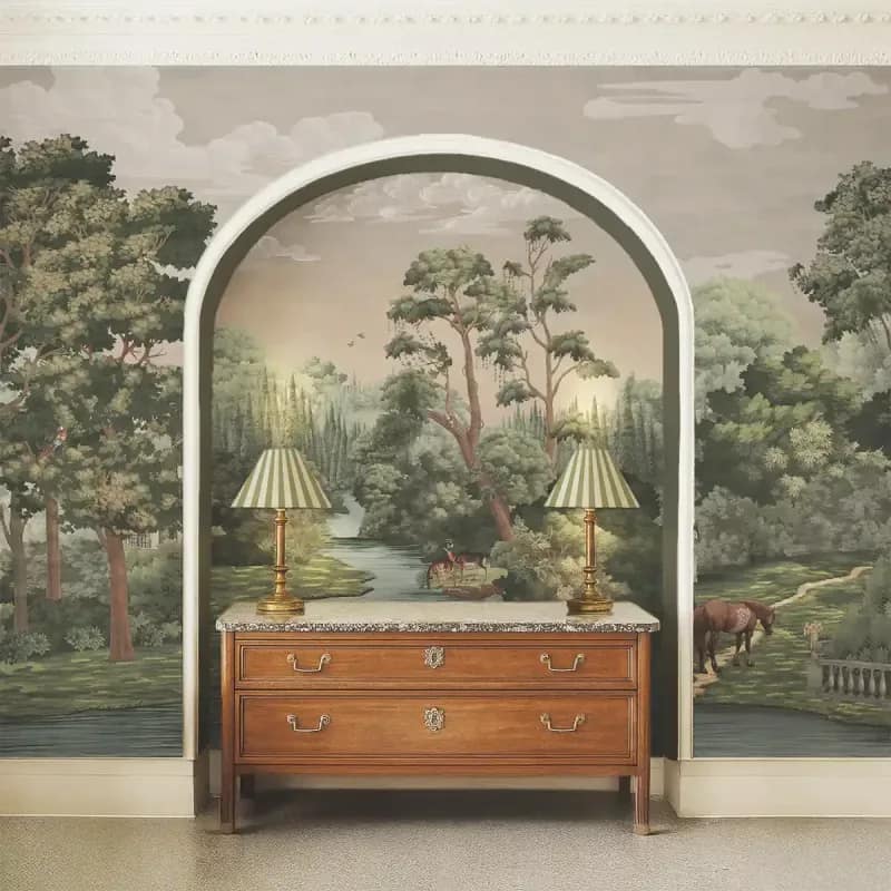 Yeşil Vintage Orman Manzaralı Kemerli Duvar Kağıdı