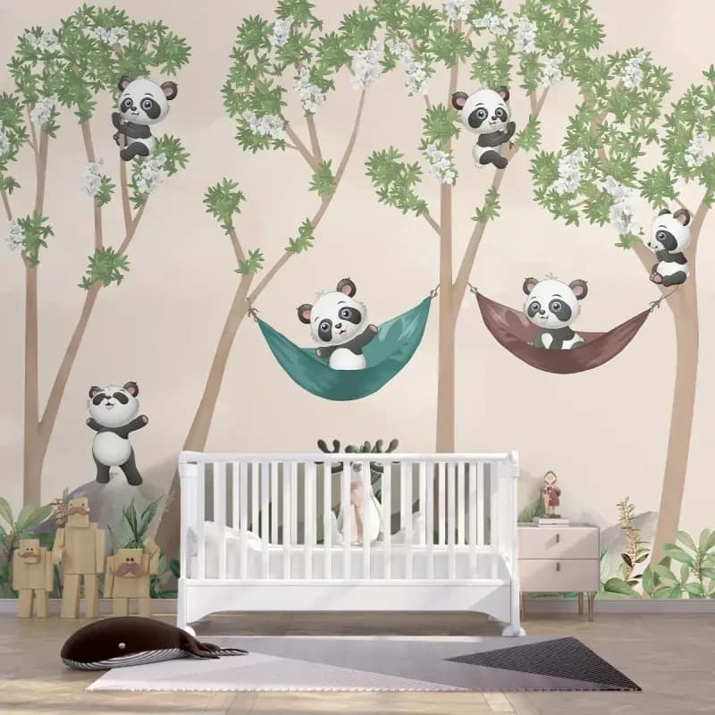 Hamaklı Pandalar Bebek Odası Duvar Kağıdı