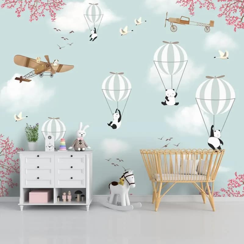 Mint Yeşili Balonlu Pandalı Bebek Odası Duvar Kağıdı