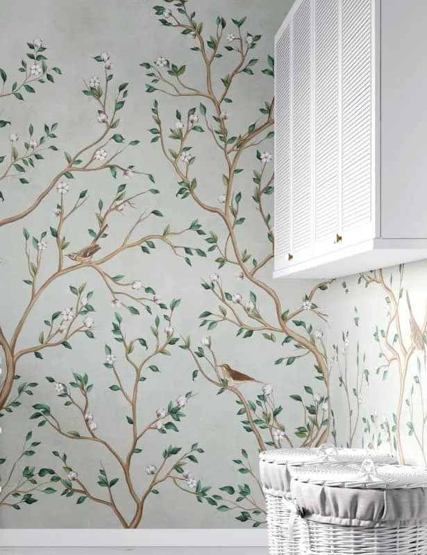Mint Yeşili Kuşlu Dallar Duvar Kağıdı