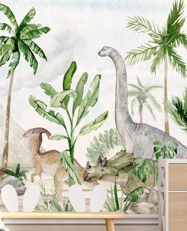 Tropikal Yapraklı Dinozorlu Çocuk Odası Duvar Kağıdı