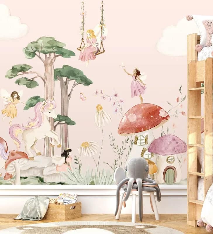 Pembe Peri Masalı Unicornlu Mantarlı Çocuk Odası Duvar Kağıdı