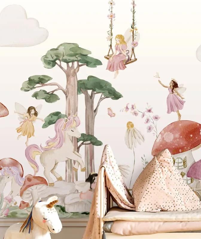 Salıncaklı Periler ve Unicornlu Çocuk Odası Duvar Kağıdı