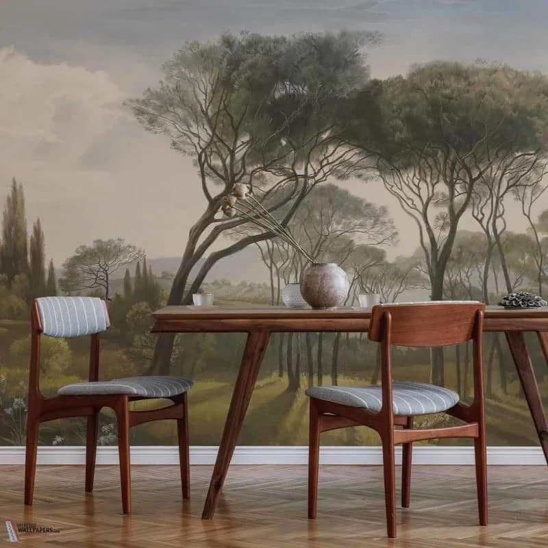Yeşil Vintage Fıstık Çamlı Manzara Duvar Kağıdı