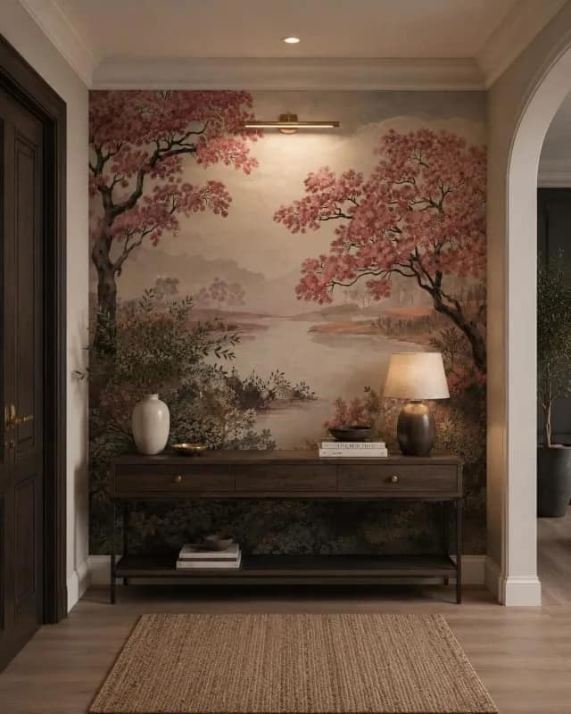 Pembe Sakura Ağaçlı Göl Manzaralı Duvar Kağıdı