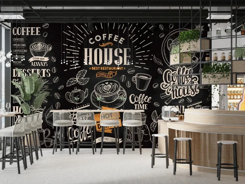 Siyah Tebeşir Kahve Temalı Kafe Duvar Kağıdı